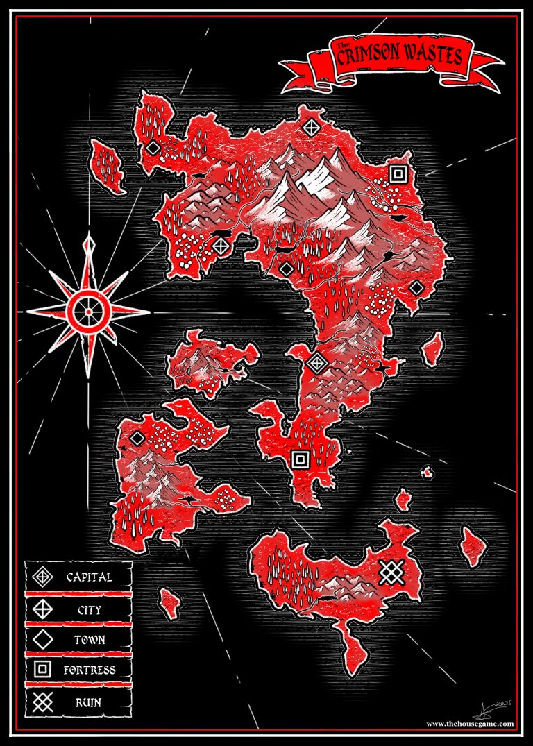 High-contrast fantasy map of The Crimson Wastes showing red landmasses with white mountain highlights on a black background, featuring a red compass rose, legend, and marked locations including ruins and fortresses.